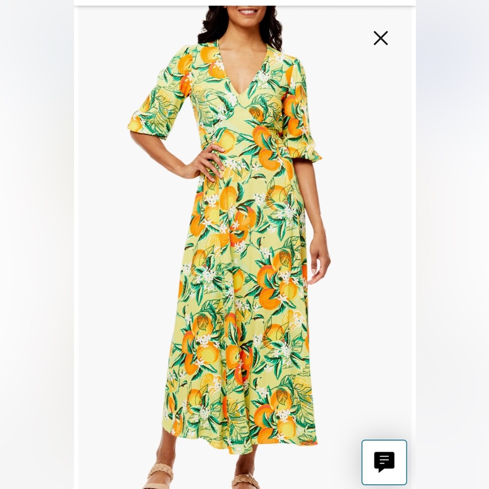 Floral Tropical “Sun Benito Crepe” Maxi Dress in Yellow and Oranges